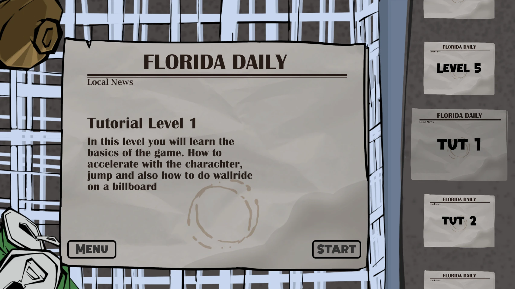 Level select styled as Florida Daily newspapers, with Tutorial Level 1 open