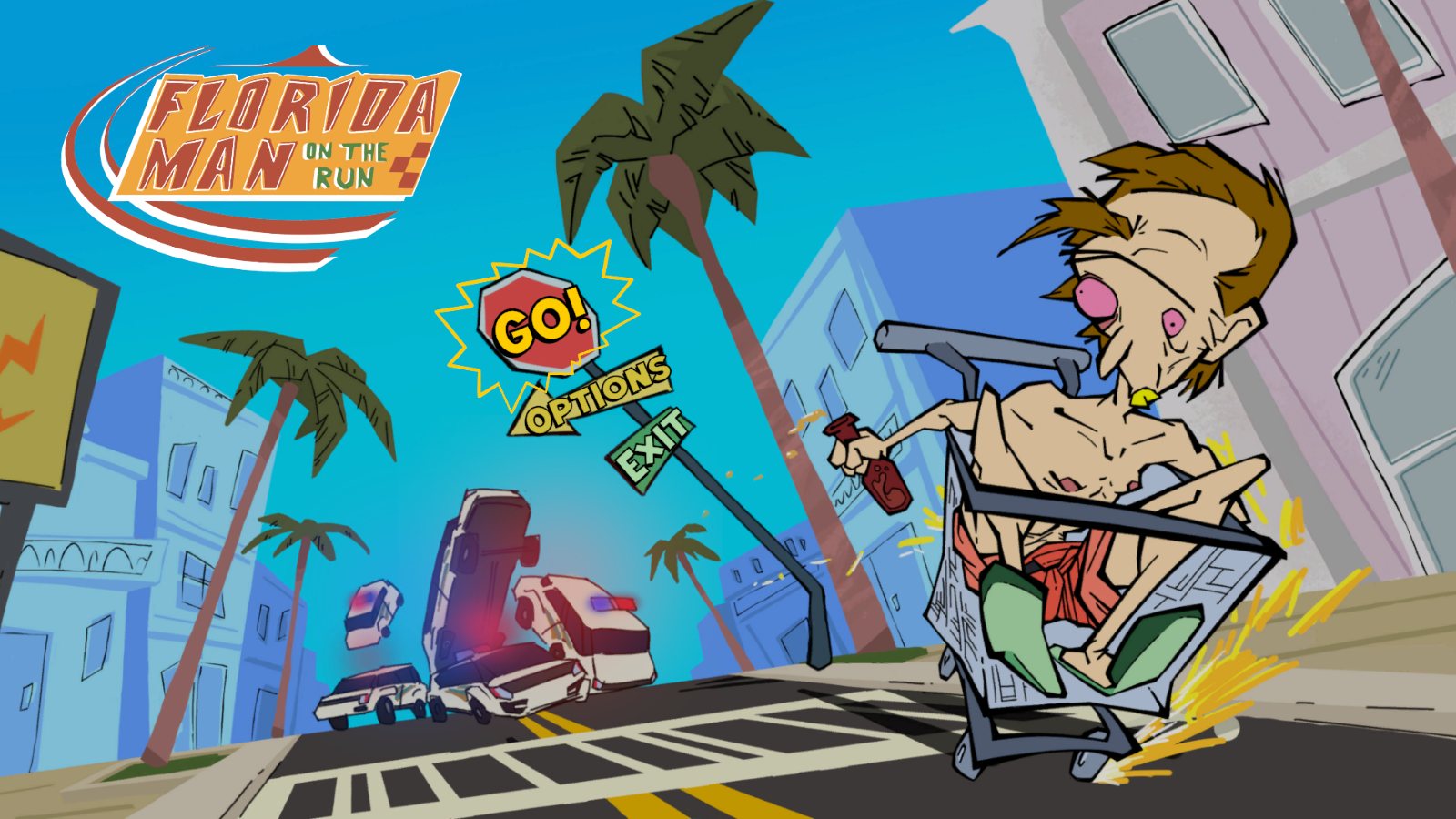 The main menu of Florida Man on the Run, with GO, Options and Exit on a street sign