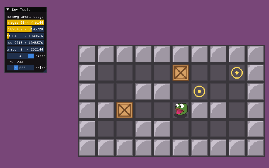 A Froggers level with the Dev Tools panel open, showing memory arena usage, history and FPS 233