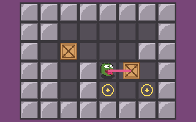 The frog pulls a crate toward itself with its tongue, with two yellow targets on the row below