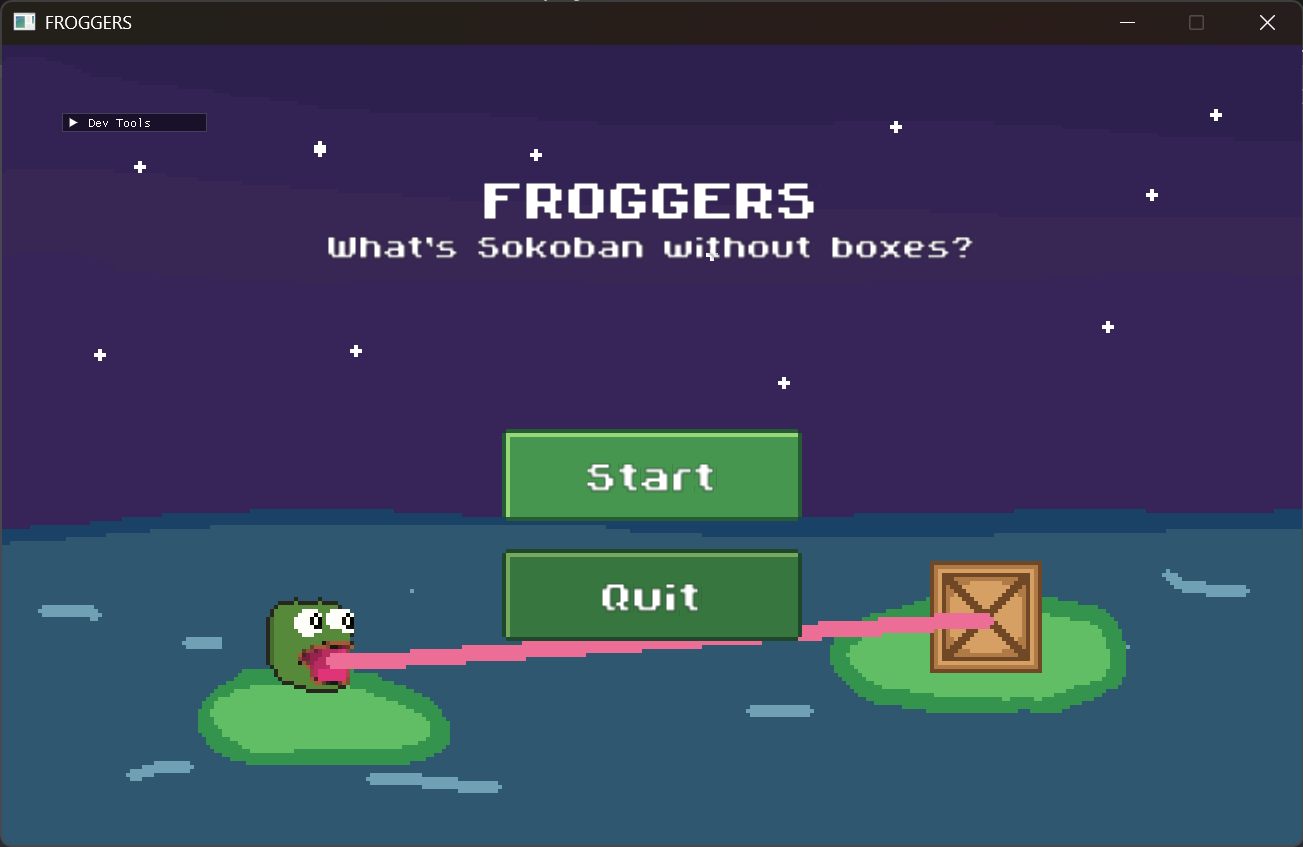 Froggers title screen: a pixel frog on a lily pad pulls a crate with its tongue under a starry sky