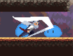 Sam the Samurai mid-slash, cutting through a blue slime