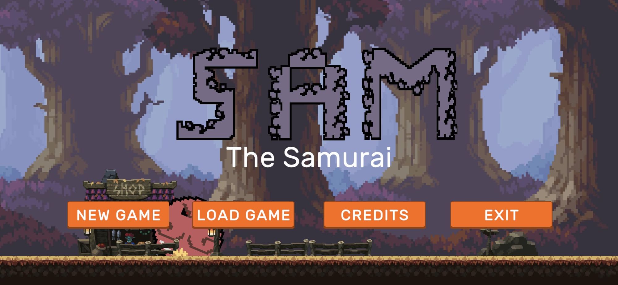 The title screen of Sam the Samurai in a pixel-art forest