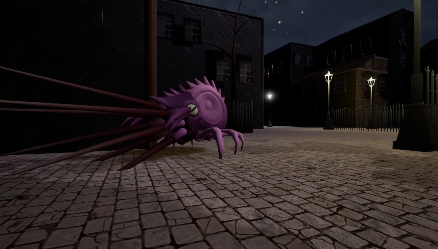 A purple, kraken-like creature with long spikes crawls across a cobblestone street at night