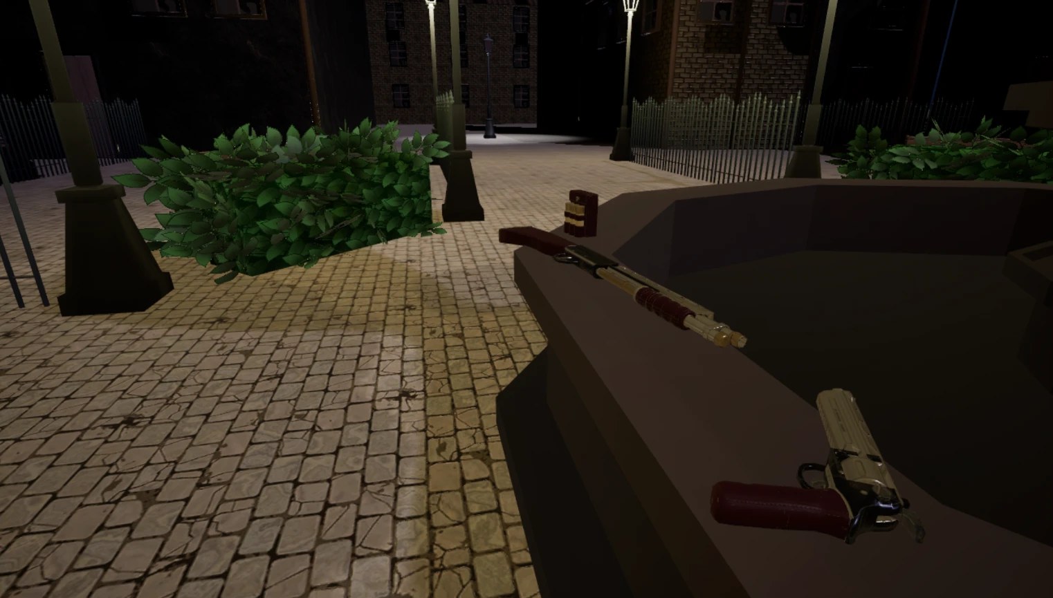 A revolver resting on a stone ledge on a cobblestone street