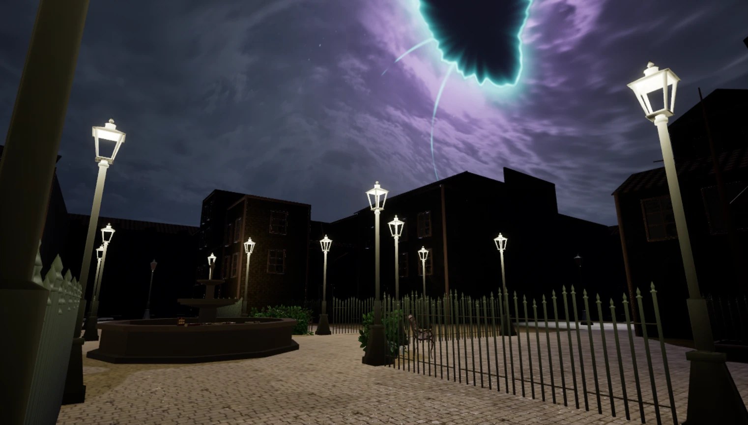 A dark hole with a glowing cyan edge opens in the purple night sky above the town square