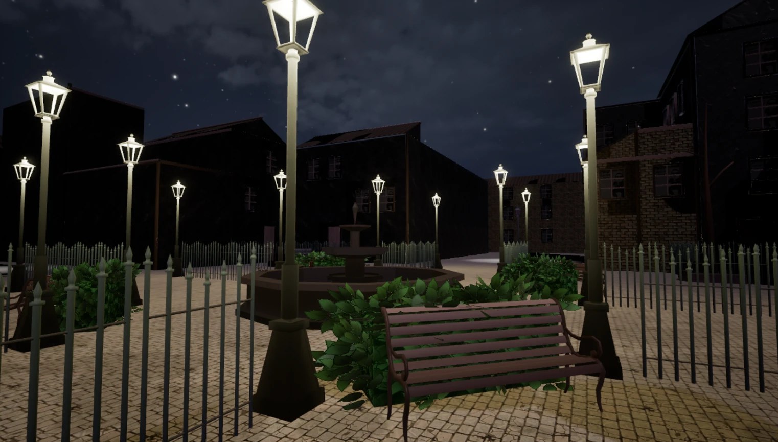 A town square at night with gas lamps, iron fences, a fountain and a bench